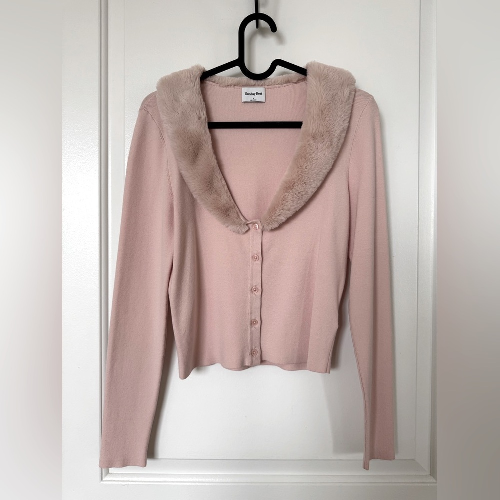 Aritzia Sunday Best Ever Pink Faux Fur Collar Cardigan Small